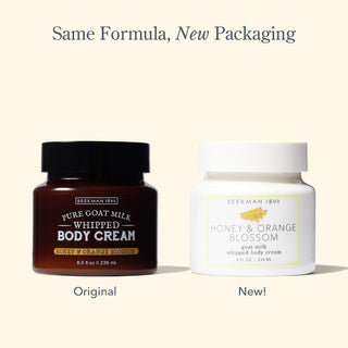 Side by side image of two of Beekman 1802's Honey & Orange Blossom whipped body creams, with the one on the left in the original packaging, and one on the right in the new packaging, with the words "same formula, new packaging," on top of the image.