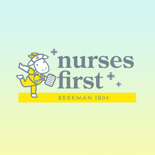 Nurses First Logo - Goatie mascot dressed as nurse on light green gradient background