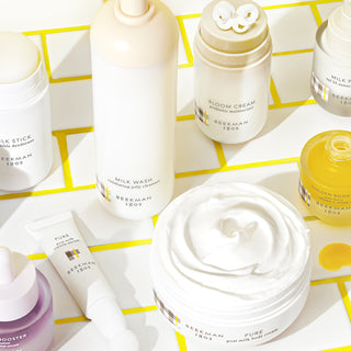 Beekman 1802 Clinically Kind products laying on white titles with yellow lines - Kind to Planet