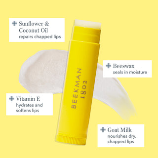 Infographic of Beekman 1802’s Goat Milk Lip Balm in a yellow tube on top of lip balm product smear on a yellow background, with the main ingredients Goat Milk, Vitamin E, Beeswax, Sunflower and Coconut oil shown around the tube, highlighting the benefits of each ingredient.