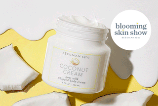 GIF image for Beekman 1802's Blooming Skin Show, which is Gifing through the images of the Bloom Cream XL, Coconut Cream Whipped Body Cream, and Potato Peel next to Mrs. Potato Head, all on a yellow background. 