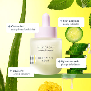 Bottle of Beekman 1802's Milk Drops Ceramide serum on a yellow background, surrounded by aloe, cucumber, and leaves, with writing that highlights the main ingredients which is Hyaluronic Acid to plum and hydrate, Fruit Enzymes to gently exfoliate, squalane to lock in moisture and ceramides to strengthen skin barrier.