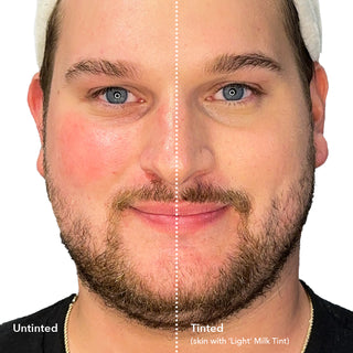 Up close Before and after headshot of model with beard after they used the light Milk tint shade, with the left showing no products, and the right showing the product applied to their skin.