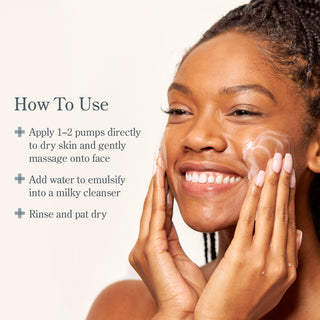 how to use graphic for Beekman 1802's Milk Wash exfoliating jelly cleanser with image of girl using cleanser on the far right. 