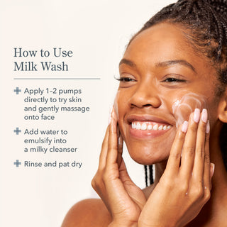 Graphic image of model on the right applying Beekman 1802's Milk Wash Exfoliating Jelly Cleanser to her face, with the directions on how to use Milk wash o the left, all on a cream colored background. 