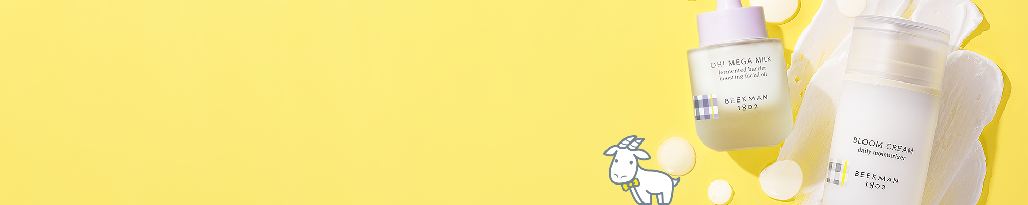 Bottle of Beekman 1802's Bloom Cream Daily Moisturizer and Oh! Mega Milk Facial Oil on a yellow background to the far right of the screen, next to their texture swipes and an image of a white cartoon Goatie.