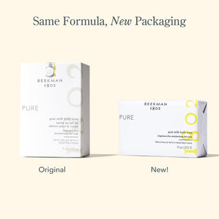 Side by side image of two of Beekman 1802's Fragrance free pure Goat Milk bar Soaps, with the one on the left in the original packaging, and one on the right with the new packaging, with the words "same formula, new packaging," on top of the image.