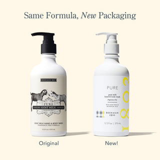 Side by side image of two of Beekman 1802's Fragrance free pure Goat Milk hand & body washes, with the one on the left in the original packaging, and one on the right with the new packaging, with the words "same formula, new packaging," on top of the image.