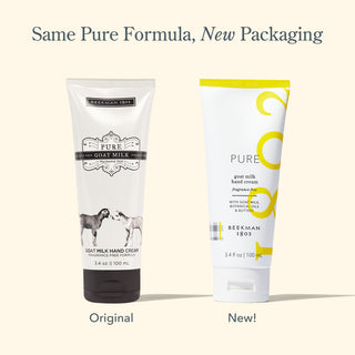 Side by side image of two of Beekman 1802's Fragrance free pure Goat Milk hand creams, with the one on the left in the original packaging, and one on the right in the new packaging, with the words "same formula, new packaging," on top of the image.