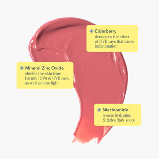 Texture shot of Beekman 1802's Rosy Posy SPF 15 Goat Milk Tinted Lip Cream with the key ingredients Elderberry, Mineral Zinc Oxide, and Niacinamide all in yellow text boxes explaining benefits of each ingredient.