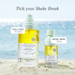 Beekman 1802 Full-size and Mini Milk Shake Toner mist on the beach in the sand in front of some water with the words "Pick you shake break" on top of the image. 