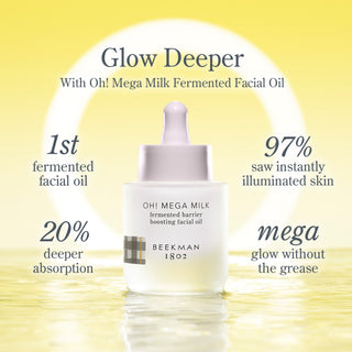 Bottle of Oh! Mega Milk standing in water against yellow background with writing "Glow deeper with Oh! Mega Milk Fermented Face Oil" and product callouts: 1st fermented facial oil, 20% deeper absorption, 97% saw instantly illuminated skin, and mega glow without the grease