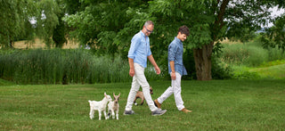 Founders of Beekman 1802, Josh and Dr. Brent, walking at the historic Beekman Farm with two goats