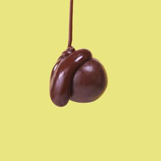 Video of singular goat poop chocolate on a yellow background, with melted chocolate pouring over the candy.