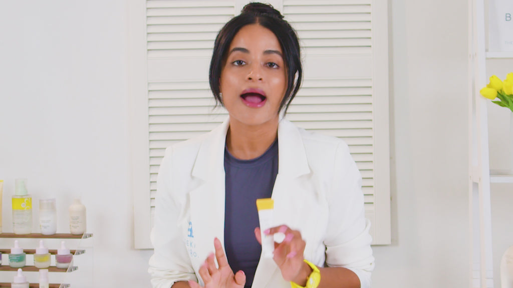 Video of Ayesha Bshero, VP of creative at Beekman 1802, holding and using the Beekman 1802 Mushroom Milk Better Aging Eye Cream, while demonstrating how to use the product.  