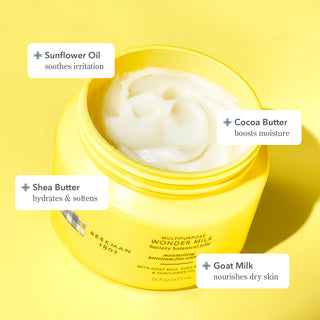 Jar of Beekman 1802's Wonder Milk Butter Botanical Jelly surrounded by 4 text bubbles that highlight the main ingredients; sunflower oil, cocoa butter, shea butter, and goat milk, all on a yellow background.