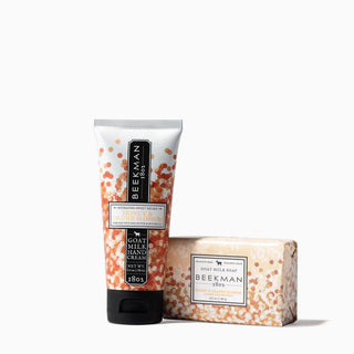 Beekman 1802's Honey & Orange Blossom Bodycare duo which includes one 2oz hand cream and one 3.5 oz bar soap.