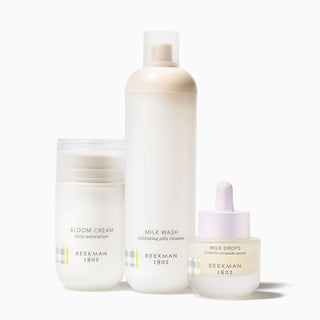 Starter Set: Sensitive Skin Products which includes a full size bloom cream, full size milk wash, and mini milk drops. 