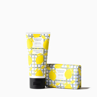 Beekman 1802's Sunshine Lemon Bodycare duo which includes one 2oz hand cream and one 3.5 oz bar soap.