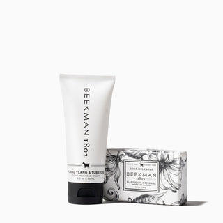 Beekman 1802's Ylang Ylang & Tuberose Bodycare duo which includes one 2oz hand cream and one 3.5 oz bar soap.