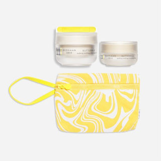 An image of the beekman 1802 Calm and bright makeup removing set which features one full-sized Buttermilk Cleanser, one mini Buttermilk Cleanser, and a FREE Milk Bag.