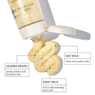 Milk Scrub infographic that shows the benefits of the key ingredients inside the facial cleanser. 