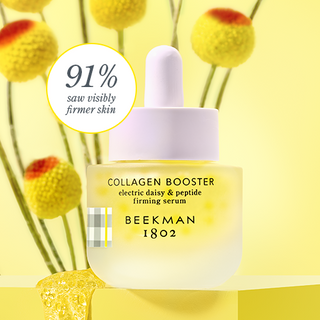 An image of Beekman 1802's Collagen Booster electric daisy peptide firming serum in front of flowers with graphic saying "91% saw visibly firmer skin."