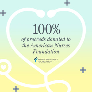 Graphic image of a stethoscope in the shape of a heart with the words "100% of proceeds donated to American Nurses Foundation" in the middle. 